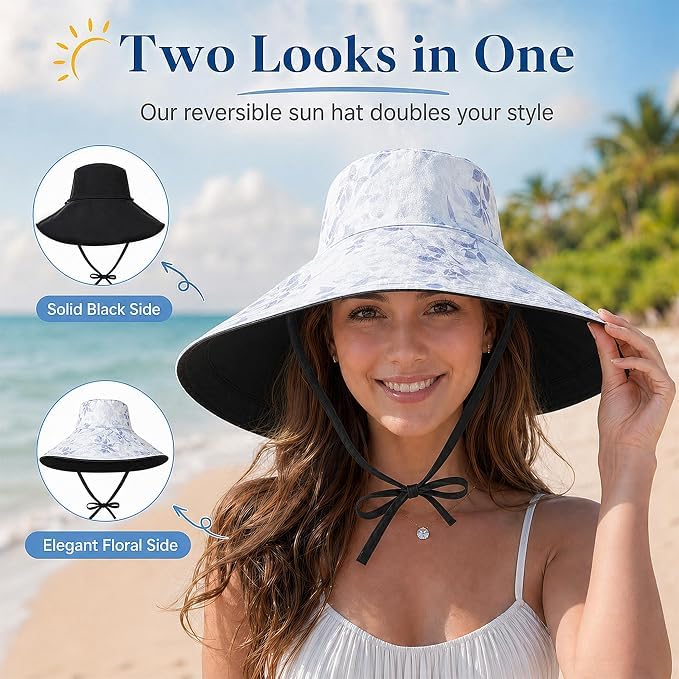 Wide Brim Sun Hat for Women Reversible Beach Bucket Summer Hats Ponytail - color: Black