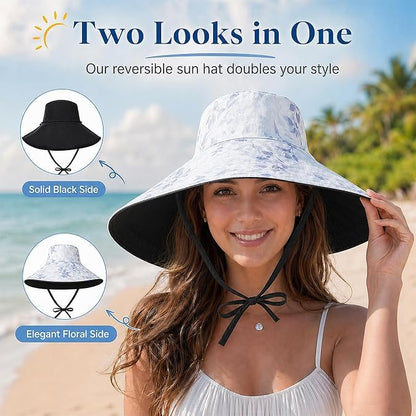 Wide Brim Sun Hat for Women Reversible Beach Bucket Summer Hats Ponytail - color: Black