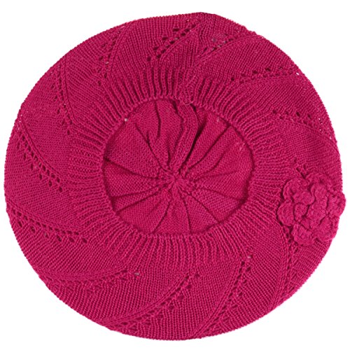BYOS Chic Parisian Style Soft Lightweight Crochet Cutout Knit Beret Beanie Hat - color: 2-pack Swirl Fuchsia & Black