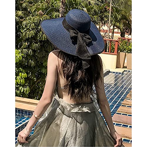 FSIGOM Women's Folable Floppy Hat,Wide Brim Sun Protection Straw Hat, Summer UV Protection Beach Cap - color: C1-e-navy Blue, size: Large