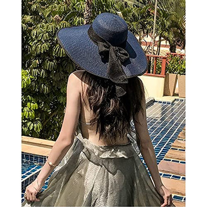 FSIGOM Women's Folable Floppy Hat,Wide Brim Sun Protection Straw Hat, Summer UV Protection Beach Cap - color: C1-e-navy Blue, size: Medium