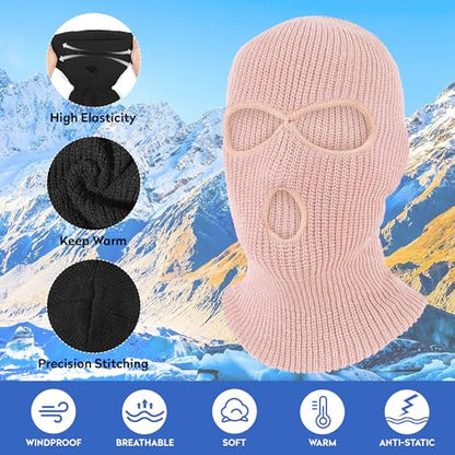 Pukavt 2 Pack 3 Hole Winter Knitted Mask, Ski Mask Balaclava Cap - color: Pink