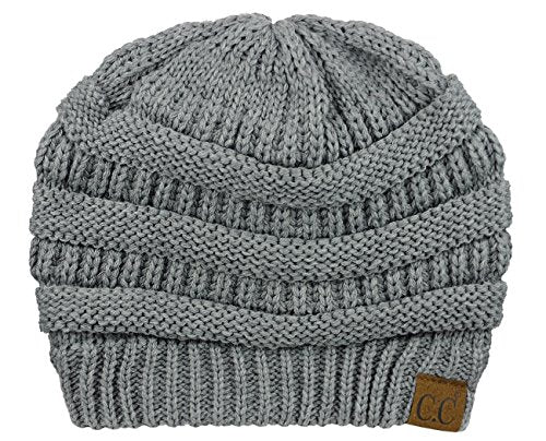 C.C Unisex Chunky Soft Stretch Cable Knit Warm Fuzzy Lined Skully Beanie - color: Light Melange Gray
