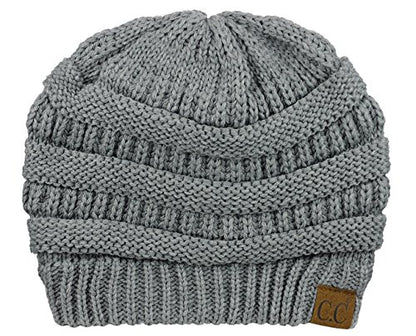 C.C Unisex Chunky Soft Stretch Cable Knit Warm Fuzzy Lined Skully Beanie - color: Light Melange Gray