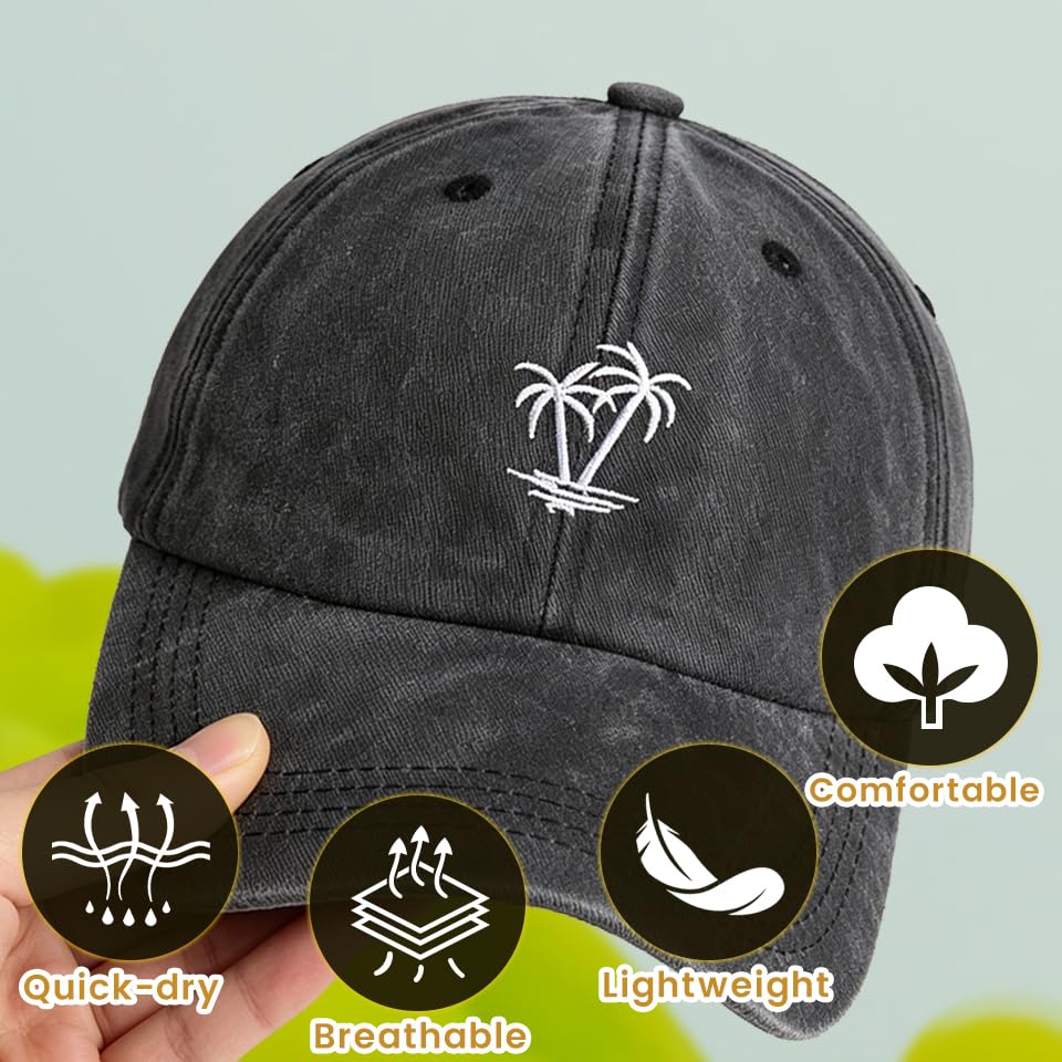 Plam Trees Hats Embroidered Washed Cotton Baseball Cap for Men Women Distressed Black Snapback Baseball Hat Adjustable - color: Plam Tree