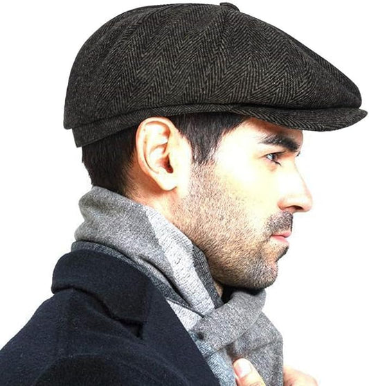 Wool Tweed Newsboy Cap for Men Paperboy Warm Winter Hat Vintage Flat Ivy Cabbie Gatsby Cap - color: Herringbone-brown, size: Large-X-Large