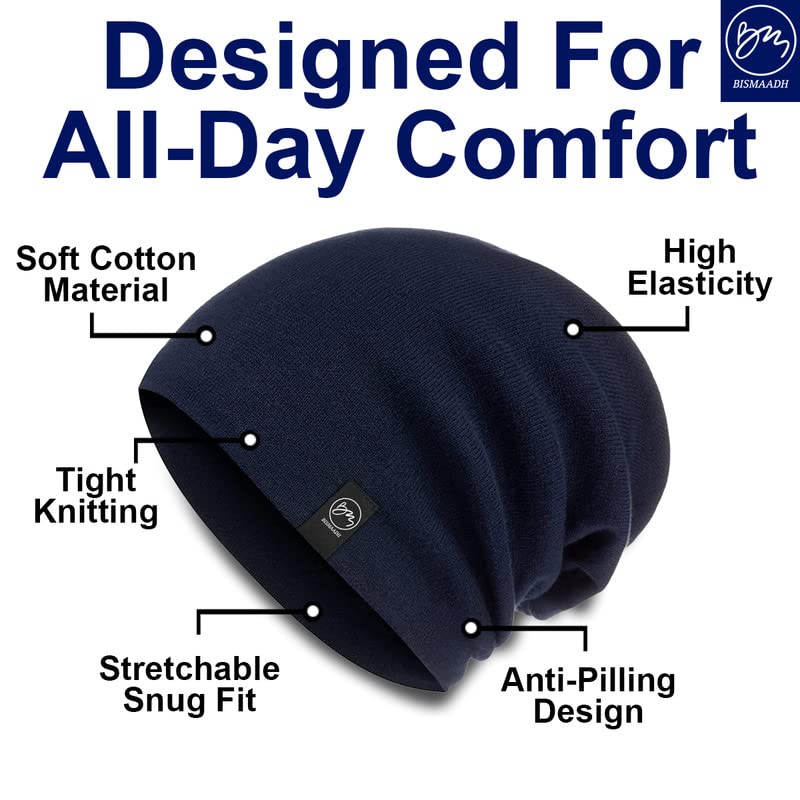 BISMAADH Unisex Soft Cotton Fashion Slouchy Beanie Headwear Skull Hair Cover Sleep Cap Hat for Frizzy Natural Curly Hair - color: Blue
