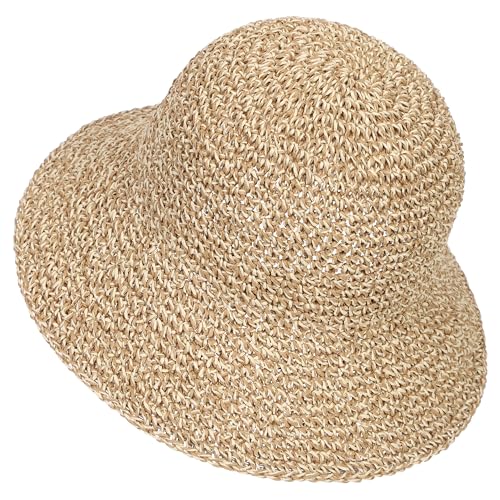 Womens Sun Hat Handmade Crochet Straw Bucket for Summer Foldable Travel Cap - color: Beige & Coffee