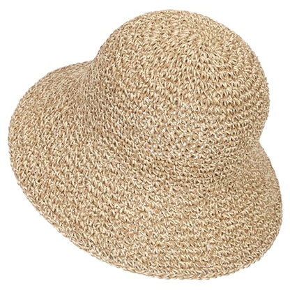 Womens Sun Hat Handmade Crochet Straw Bucket for Summer Foldable Travel Cap - color: Beige & Coffee