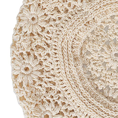 ZLYC Women Cotton Slouchy Crochet Beret Handmade Cutout Floral Beanie Hat - color: Plain Beige