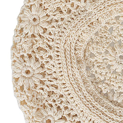 ZLYC Women Cotton Slouchy Crochet Beret Handmade Cutout Floral Beanie Hat - color: Plain Beige