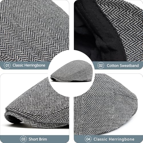 meioro Herringbone Flat Ivy Newsboy Cap for Men Classic Tweed Newsboy Hat Wool Blend Flat Cap Gatsby Cabbie Hats Ivy Caps - color: Grey