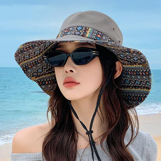 Womens Wide Brim Floral Summer Sun Hat UPF 50+ Ethnic Style Foldable Floppy Sun Protection Travel Beach Bucket Hat - color: Grey