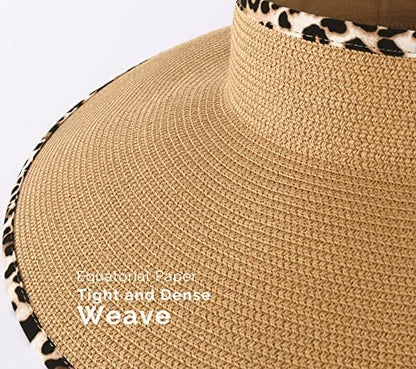 Camptrace Women's Straw Sun Visor Hat UPF Wide Shade Ponytail Summer Hat - color: Leopard Print