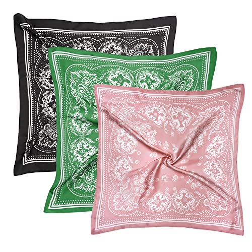 VANLINKER 27.5 Inches Silk Head Scarf for Women Men Vintage Bandanas Satin Hair Scarf Silk Wrap Neck Square Scarves VL9549 - color: Black Green Pink