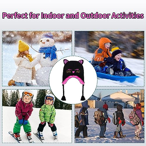 Toddler Girls Cat Ear Winter Hat Warm Knit Beanie Kids Earflap Cap for Cold Weather - color: Knitted Cat Purple
