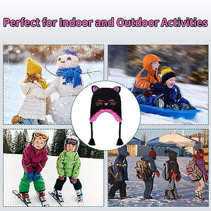 Toddler Girls Cat Ear Winter Hat Warm Knit Beanie Kids Earflap Cap for Cold Weather - color: Knitted Cat Black