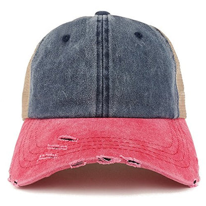 Trendy Apparel Shop Pigment Dyed Front Mesh Back Frayed Bill Trucker Cap - color: Navy Red