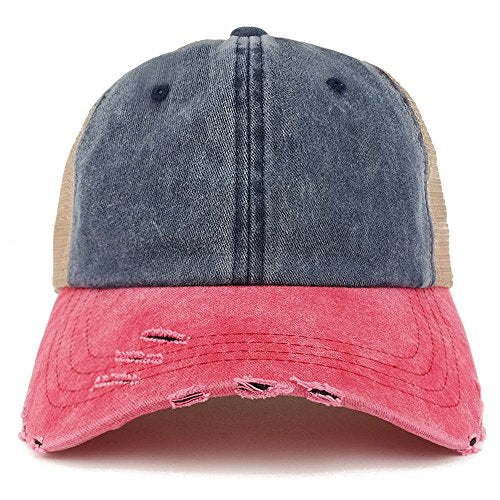 Trendy Apparel Shop Pigment Dyed Front Mesh Back Frayed Bill Trucker Cap - color: Navy Red