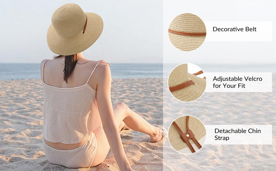 Beach Hat for Women, Wide Brim Sun Straw, UPF 50+ Foldable Floppy Sun Hat - color: B-10.5cm,beige