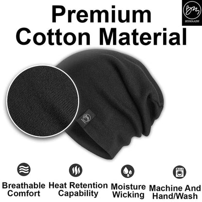 BISMAADH Unisex Soft Cotton Fashion Slouchy Beanie Headwear Skull Hair Cover Sleep Cap Hat for Frizzy Natural Curly Hair - color: Black