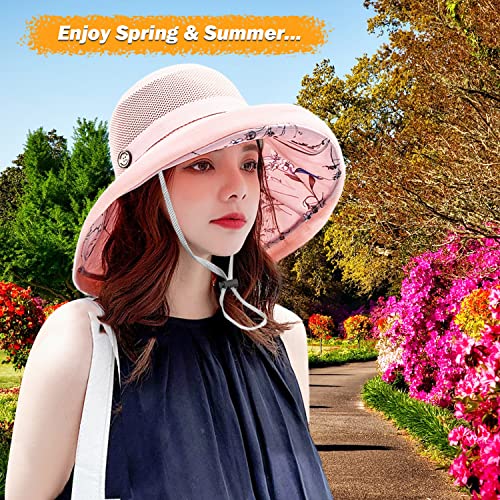 Women Wide Brim Sun Hats Metal Wired Edge Summer UV Protection Beach Fishing Hat for Hiking Garden Travel Chin Strap - color: M9163-pink, size: One Size