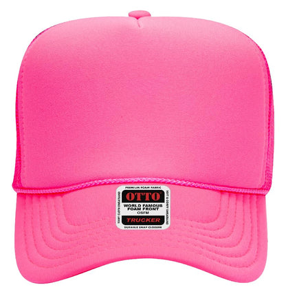 Otto Cap 5-Panel High Crown Mesh Back Trucker Hat - color: Neon Pink