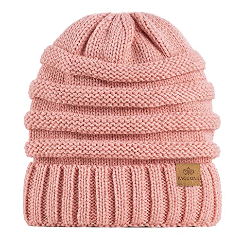 Womens Winter Beanie Warm Knit Hat Cable Stretch Trendy Ribbed Chunky Cap - color: Pink
