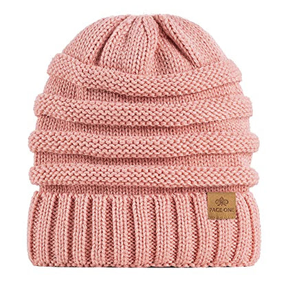 Womens Winter Beanie Warm Knit Hat Cable Stretch Trendy Ribbed Chunky Cap - color: Pink