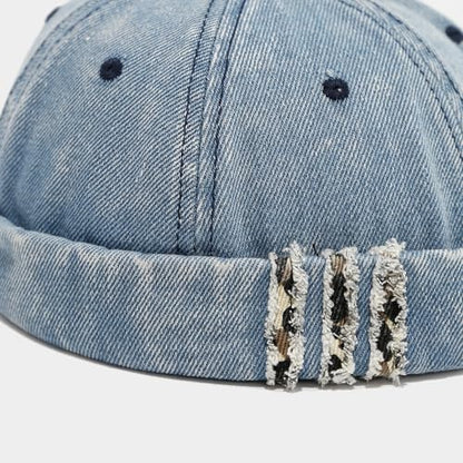 Unisex Washed Denim Distressed Rolled Cuff Brimless Docker Cap - color: Light Blue