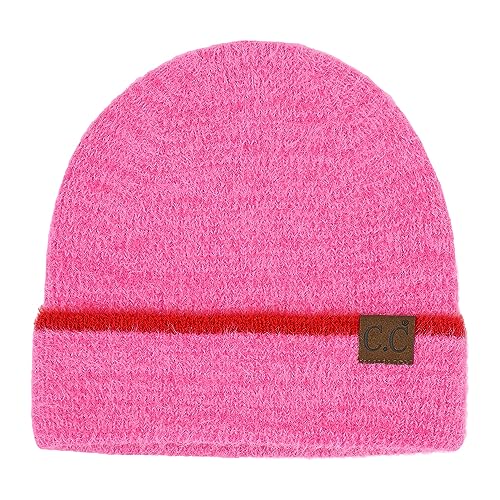 C.C Fuzzy Beanie for Women Unisex - Acrylic Stretchable Soft Warm Knit Winter Skully Hat - color: Feather Yarn-hot Pink