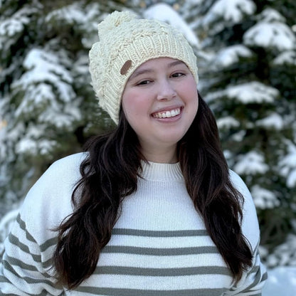 Briomhar Pom Beanie for Women - Fleece Lined 100% Wool Winter Hats for Women - Knit Hat Designed in Ireland - color: Cream
