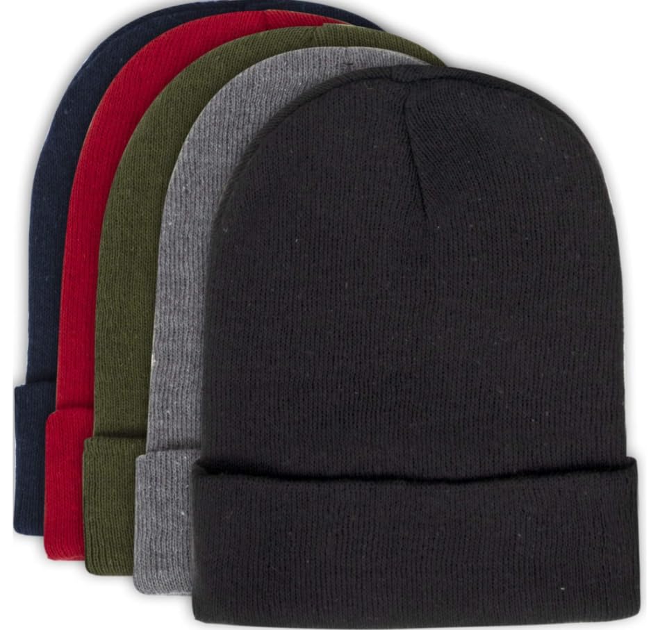 Knit Winter Beanie Hat Set, Pack of 5 Colors, Classic Cuffed Design, Multi-Color - Navy, Red, Olive, Gray, Black