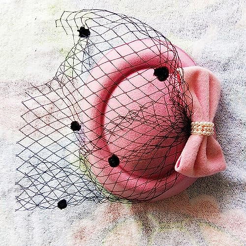 Fascinators Hats Pillbox Hat for Girl and Women - color: Pink-fascinator With Bowknot Veil