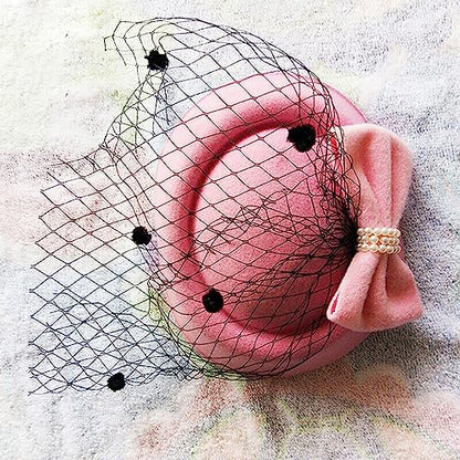 Fascinators Hats Pillbox Hat for Girl and Women - color: Pink-fascinator With Bowknot Veil