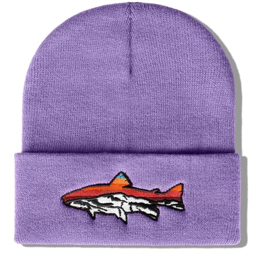 Knit Winter Beanie Hats for Men Women Cuffed Skull Cap with Mountain Embroidery Outdoor Christmas & New Year Gifts - color: Fish/Lavender