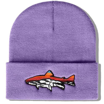 Knit Winter Beanie Hats for Men Women Cuffed Skull Cap with Mountain Embroidery Outdoor Christmas & New Year Gifts - color: Fish/Lavender