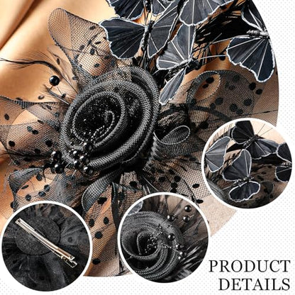 Zinniday Butterfly Derby Hat 2025 - Classic Tea Party Hats with Hair Clip, 1920s 50s Fascinators for Lady Woman - color: Black