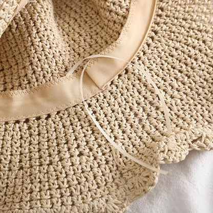 Summer Beach Sun Straw Hats for Women Wide Brim Packable Travel Bucket Hats UPF 50+ - color: Beige