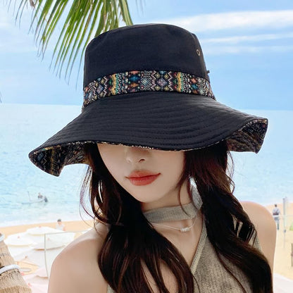 Womens Wide Brim Floral Summer Sun Hat UPF 50+ Ethnic Style Foldable Floppy Sun Protection Travel Beach Bucket Hat - color: Black