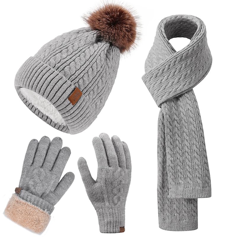 Winter Hat Scarf Gloves Set for Women, Classic Cable Beanie with Removable Pom Pom Long Scarf Touchscreen Gloves 3 in 1 Set - color: Grey