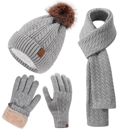 Winter Hat Scarf Gloves Set for Women, Classic Cable Beanie with Removable Pom Pom Long Scarf Touchscreen Gloves 3 in 1 Set - color: Grey