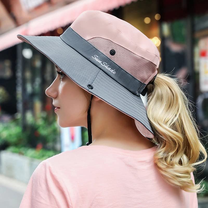 Womens Sun-Hat Outdoor Protection Foldable Beach-Bucket-Hat Ponytail-Hole - color: Pink