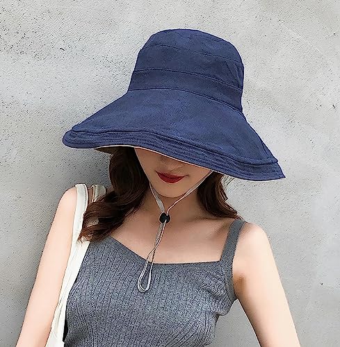 Women Wide Brim Sun Hats Metal Wired Edge Summer UV Protection Beach Fishing Hat for Hiking Garden Travel Chin Strap - color: Lant001-navy, size: One Size