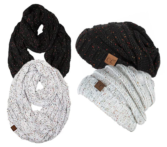 Funky Junque Slouchy Beanie & Infinity Scarf Gift Set – Matching Winter Accessories Sets for Women, Oversized Hat and Scarves - color: 2 Pack: Confetti Black & Confetti Ivory