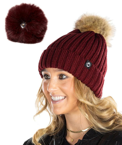 Funky Junque Women’s Winter Detachable Pom Beanie – Warm Knit Hat with Removable Faux Fur Pom, Soft Stretch Acrylic Cozy Cap - color: Burgundy