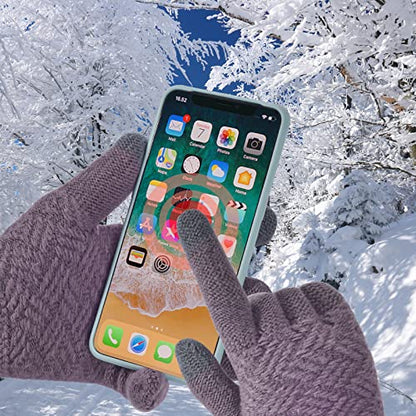 3 Pcs Women Winter Knit Beanie Hat Scarf Touchscreen Gloves Set Warm Soft Thick Fleece Lined Skull Cap with Double Pom Pom - color: Purple