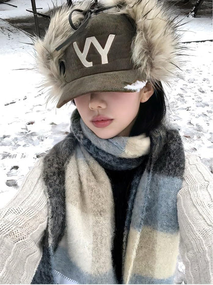 URAWOW Faux Fur Baseball Cap Women Winter Fall Grunge Aespa NINGNING Same Style Trapper Hat Plush Retro Fashion Ear Warmer - color: Military Green B