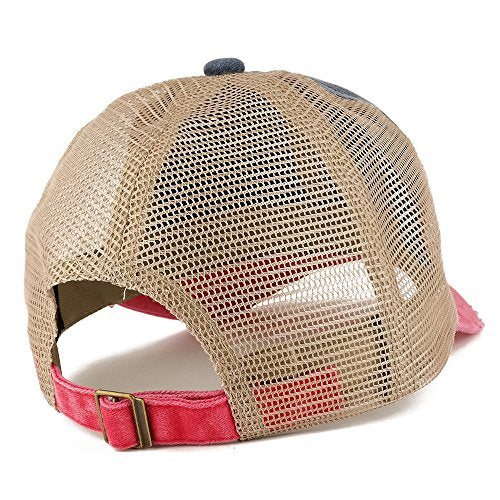 Trendy Apparel Shop Pigment Dyed Front Mesh Back Frayed Bill Trucker Cap - color: Navy Red