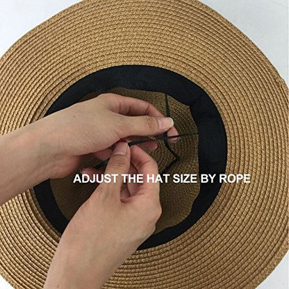 Lanzom Women Wide Brim Straw Panama Roll up Hat Fedora Beach Sun Hat UPF50+ - color: 02-fold Belt Beige, size: One Size-Small